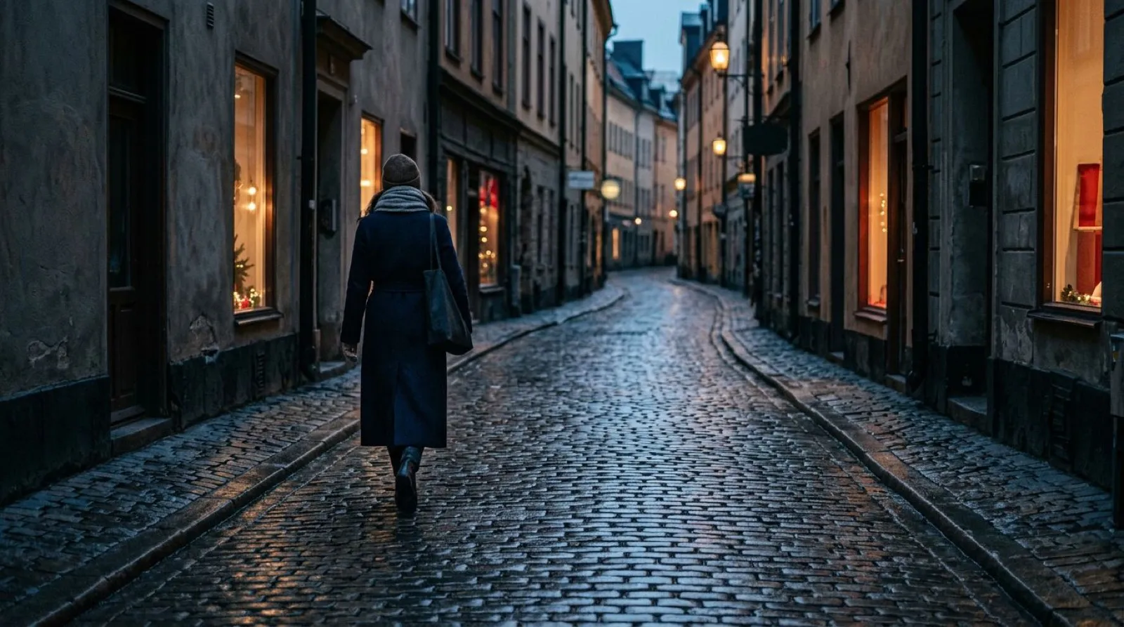 Kvinna som går ensam på en kullerstensgata i skymningen