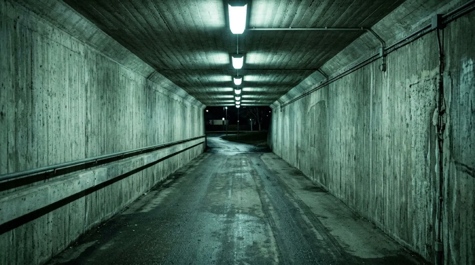 Tom gångtunnel i betong upplyst av lysrör nattetid