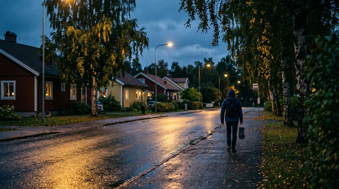 Person som går ensam hem längs en våt villagata i höstskymningen